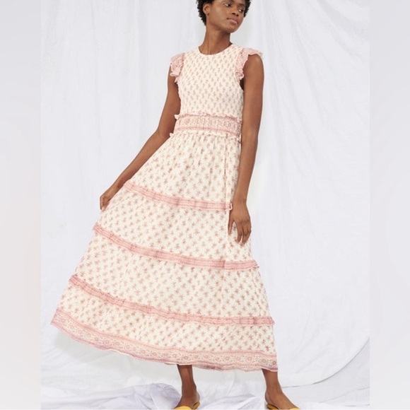 SAYLOR Dresses & Skirts - Saylor Hal Dress Tiered Midi Maxi Floral Pink White Cotton Sundress Resortwear